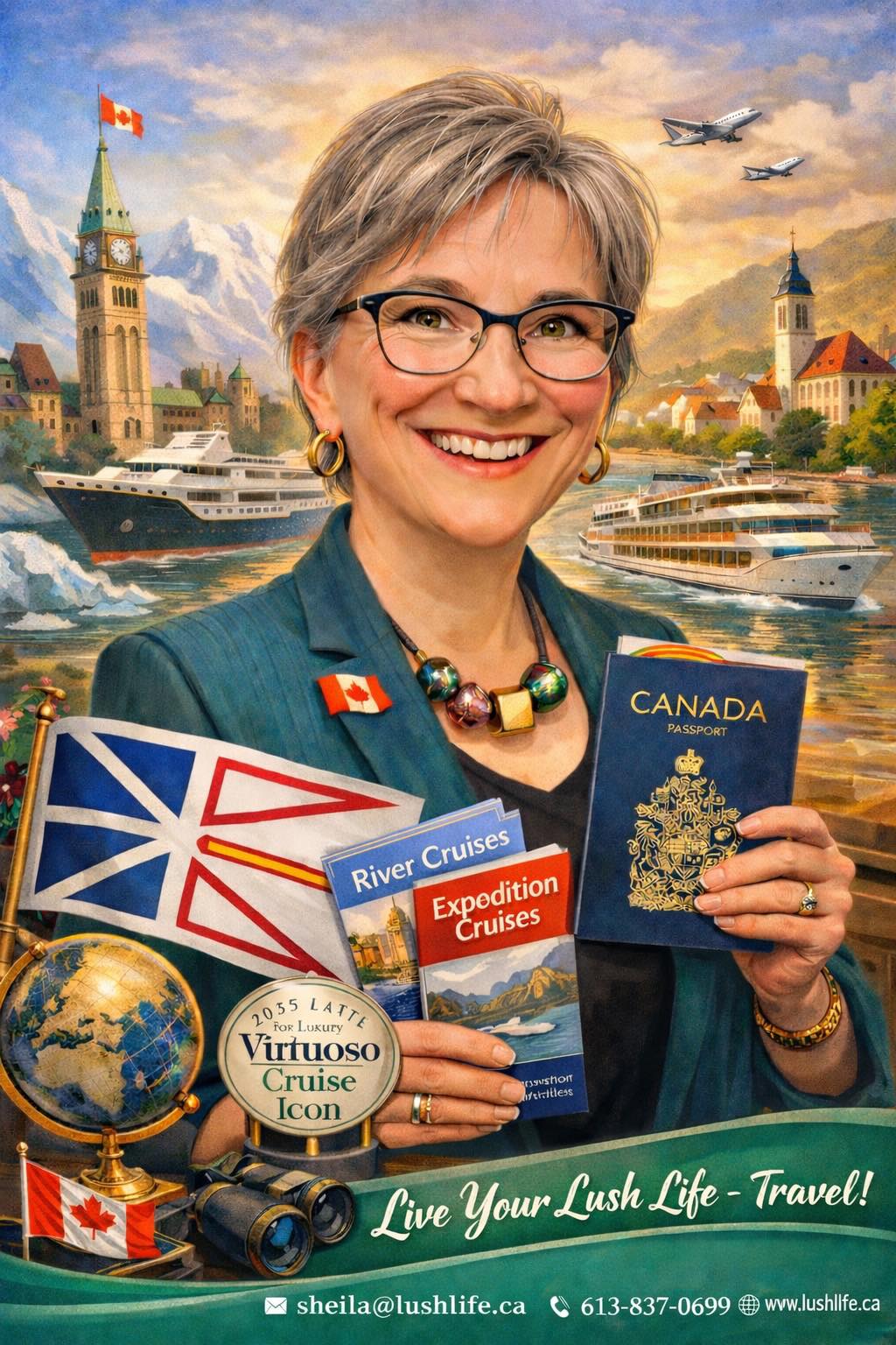 caricature of Sheila Gallant-Halloran of Lush Life Travel , a river cruise expert and an expedition cruise expert from Newfoundland and a proud Canadian and Virtuoso Cruise Icon