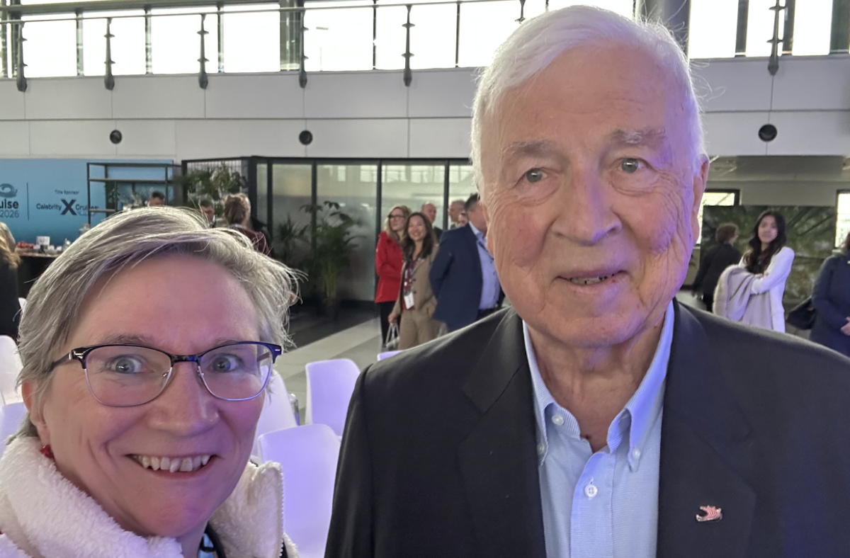 Sheila Gallant-Halloran with Torstein Hagen, Viking founder, at ASTA River Cruise Expo Amsterdam