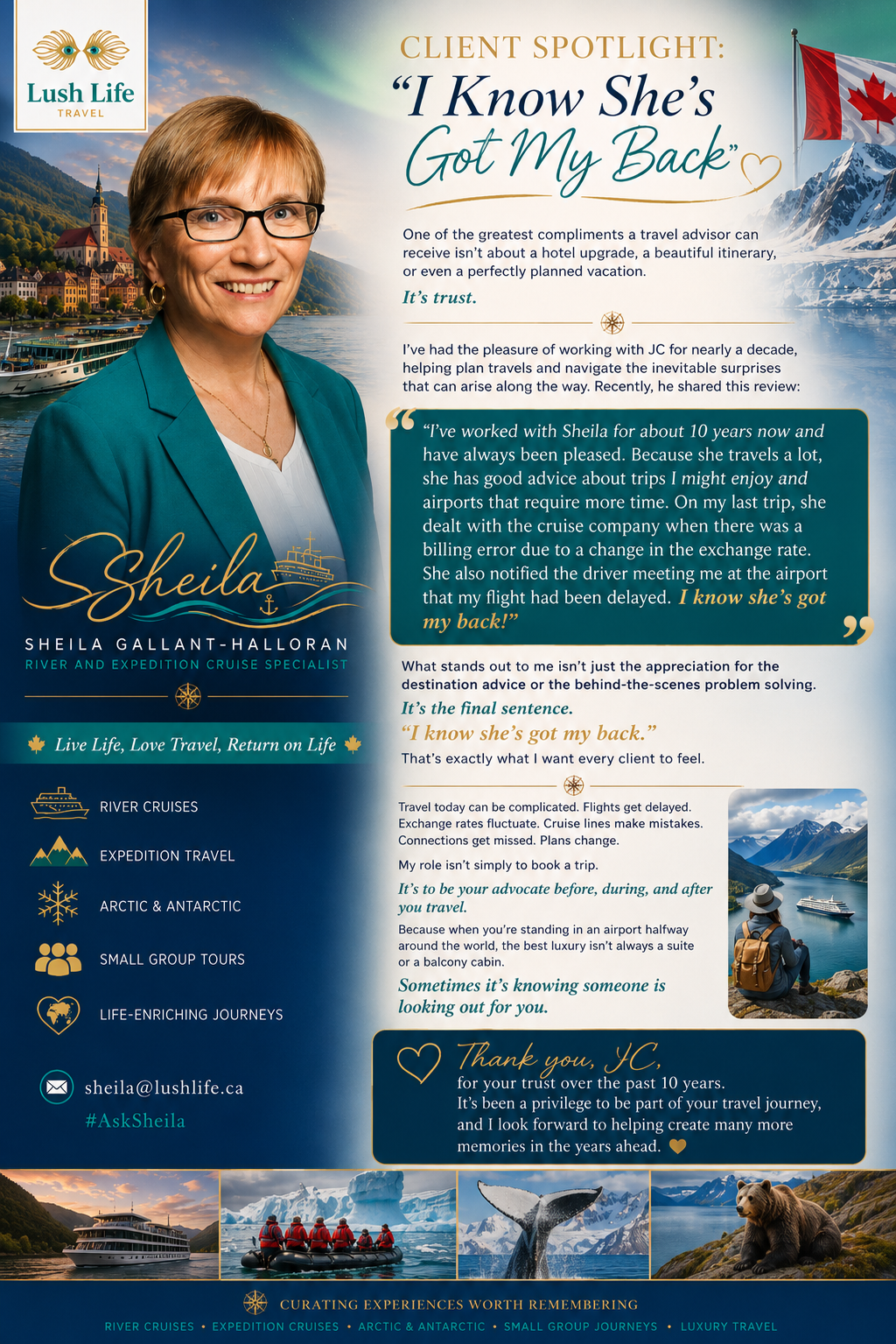 Sheila Gallant-Halloran of Lush Life Travel with client testimonial about river cruising