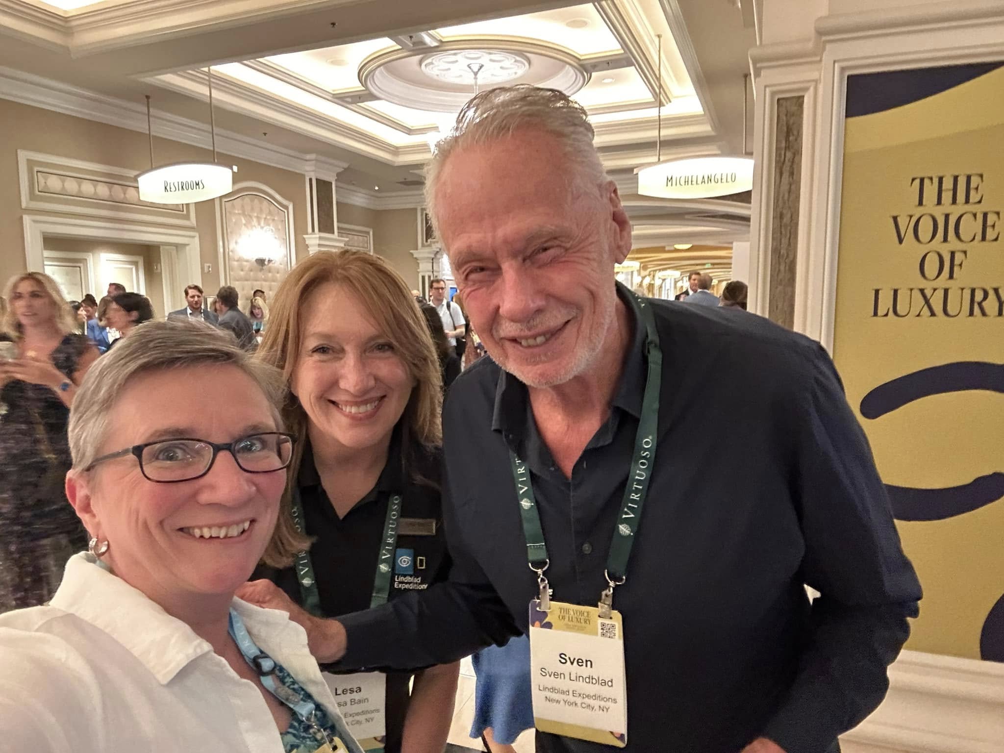 Sheila Gallant-Halloran with Sven Lindblad and Lesa Bain of Lindblad Expeditions at a Virtuoso Travel Week event.