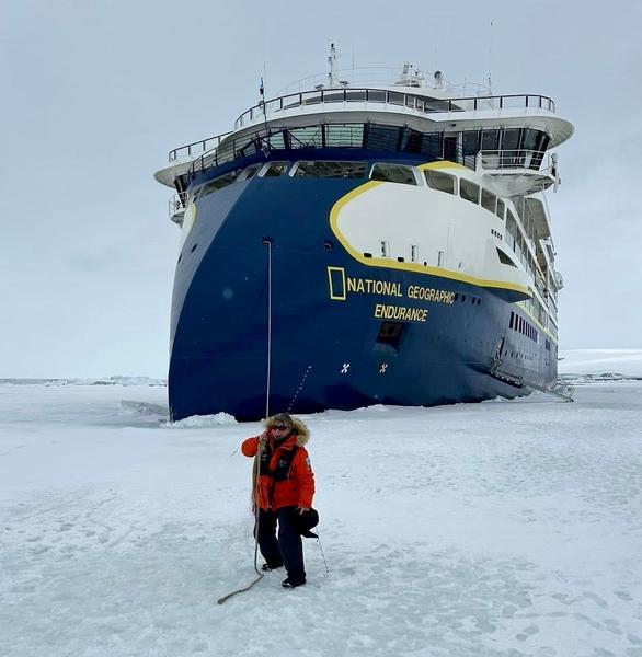 Sheila Gallant-Halloran on the deck of Lindblad Expeditions' National Geographic Endurance during an Antarctic expedition cruise, November 2024.