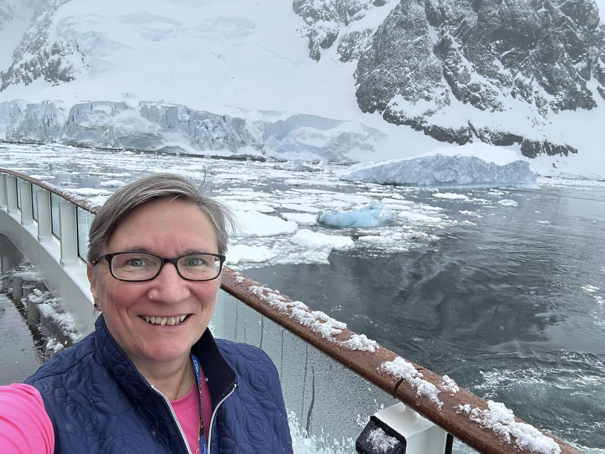 Sheila Gallant-Halloran in Antarctica after crossing the Drake Passage aboard National Geographic Endurance