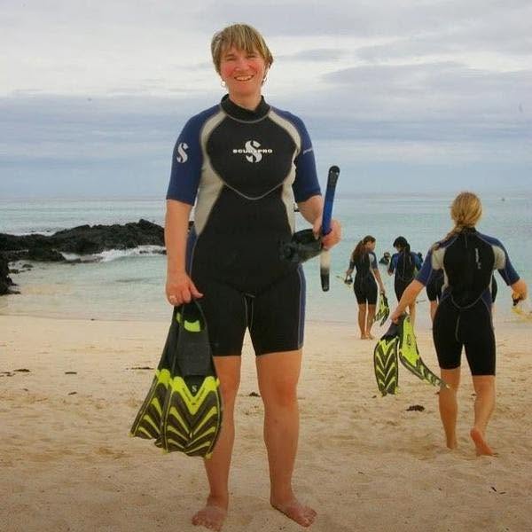 Sheila Gallant-Halloran in Galapagos off an expedition cruise, headed snorkelling.