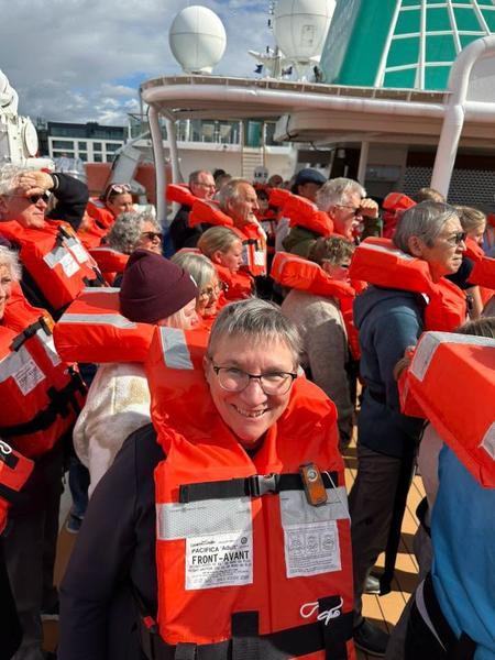 Sheila Gallant-Halloran onboard Aurora Expedition's Sylvia Earle doing a muster drill.