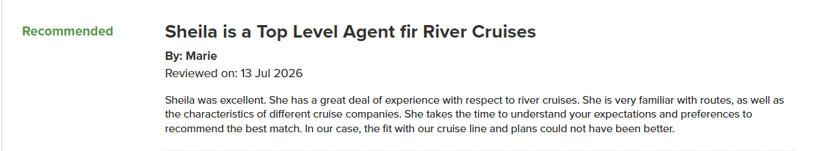 Screenshot of verified Virtuoso client review for Lush Life Travel river cruise advisor